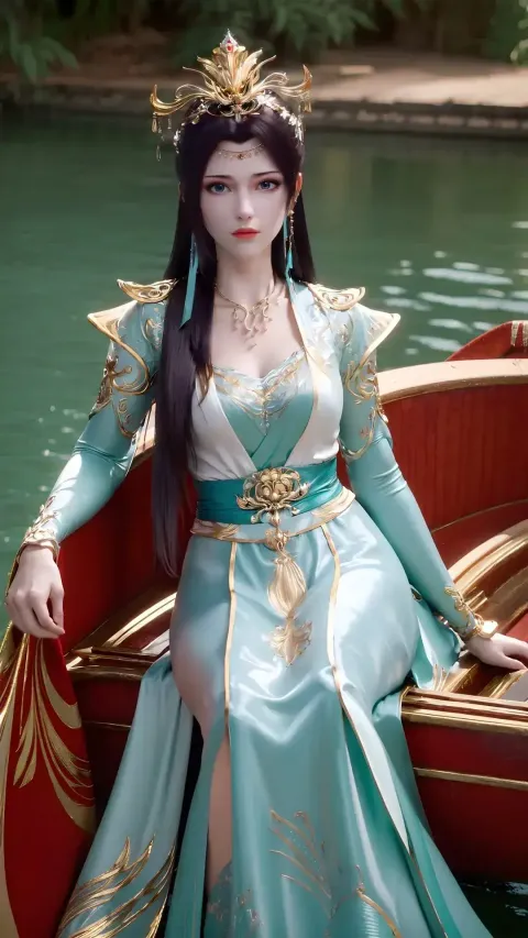 身穿蓝色连衣裙的阿拉夫德女人坐在船上
