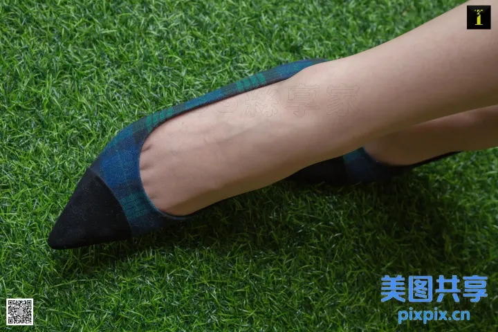 有人穿着一双青黑相间的鞋子，在绿油油的草地上