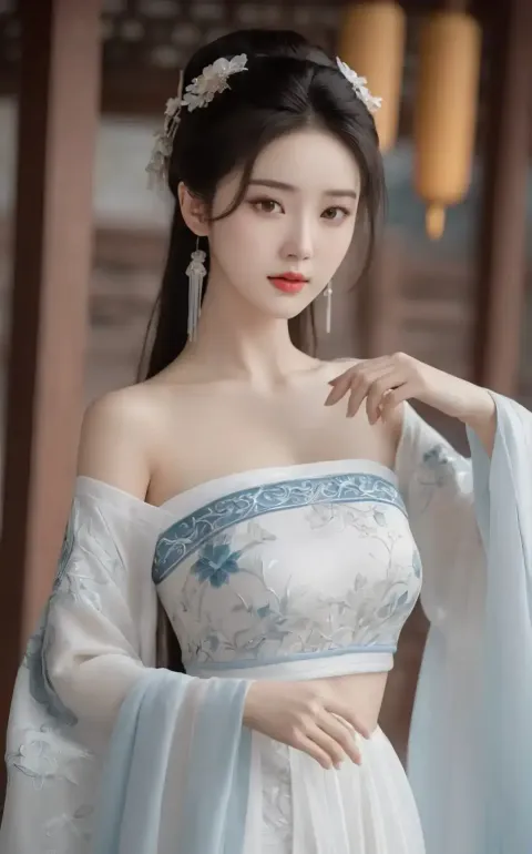 一个身穿白色连衣裙、系着蓝色腰带的女人的特写