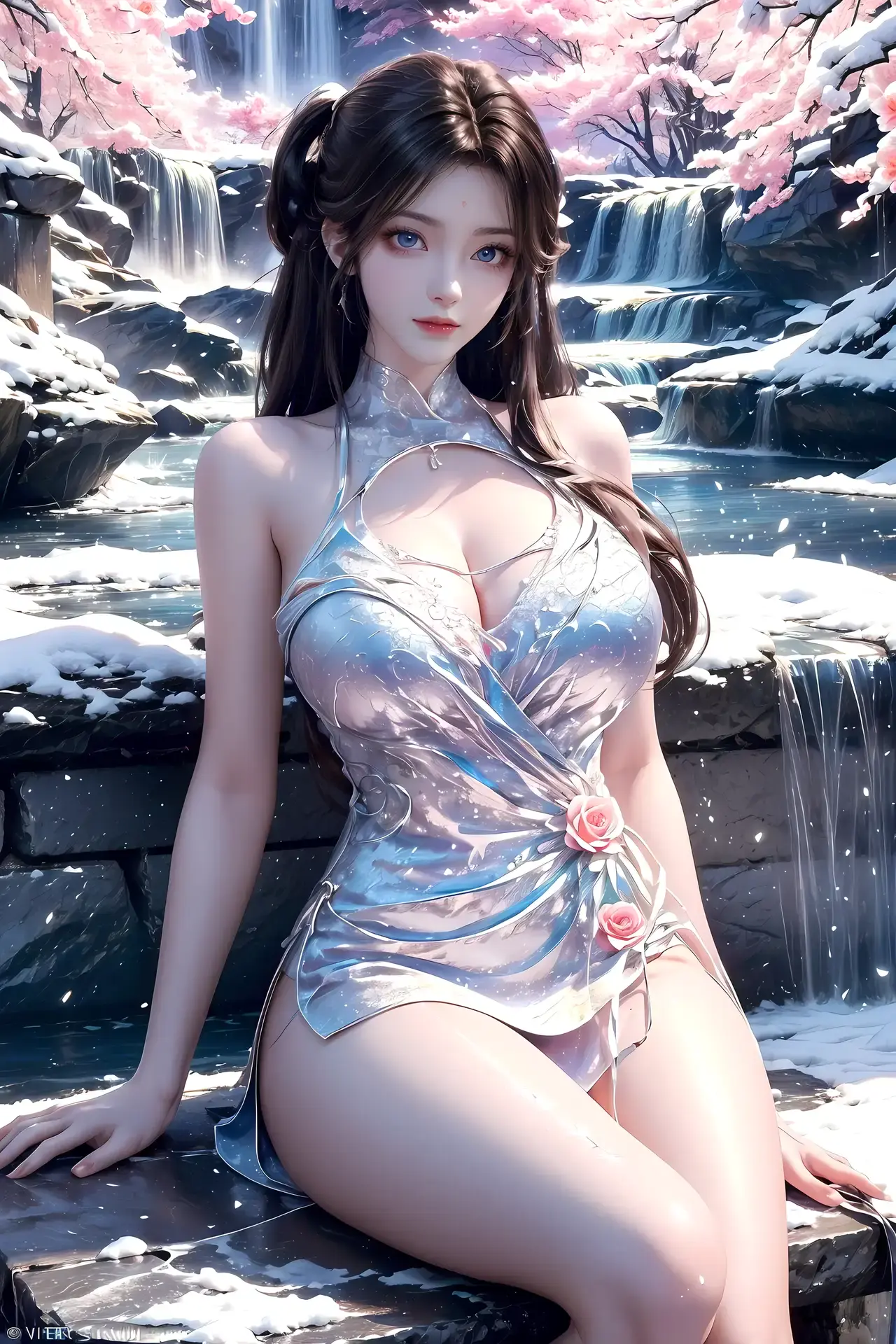一个穿着银色连衣裙的女人坐在岩石上的特写