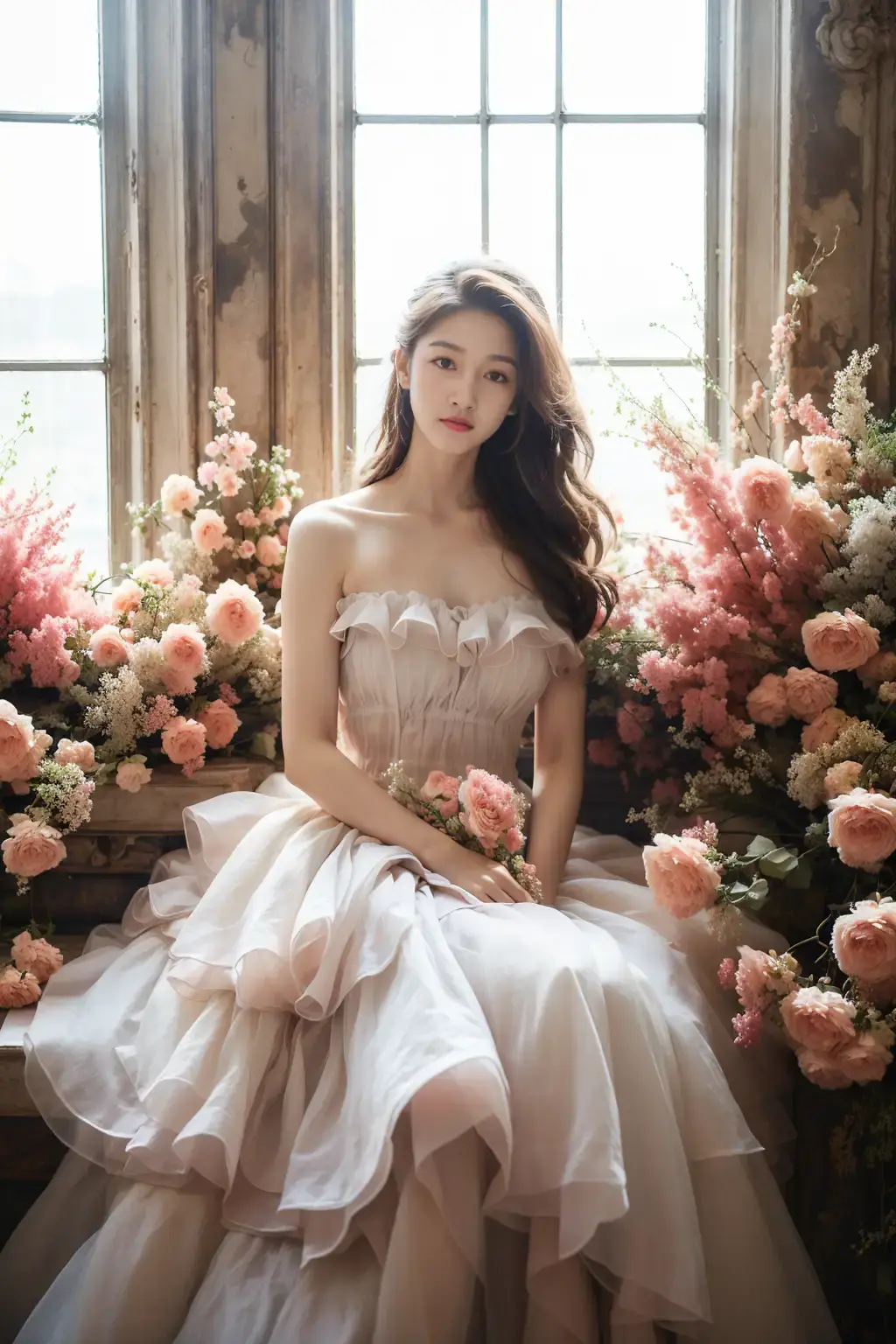 一个女人穿着鲜花连衣裙坐在长凳上