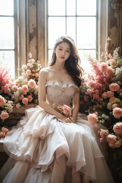 一个女人穿着鲜花连衣裙坐在长凳上