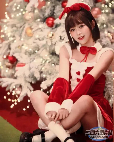 阿拉菲身着红白相间的衣服坐在圣诞树前