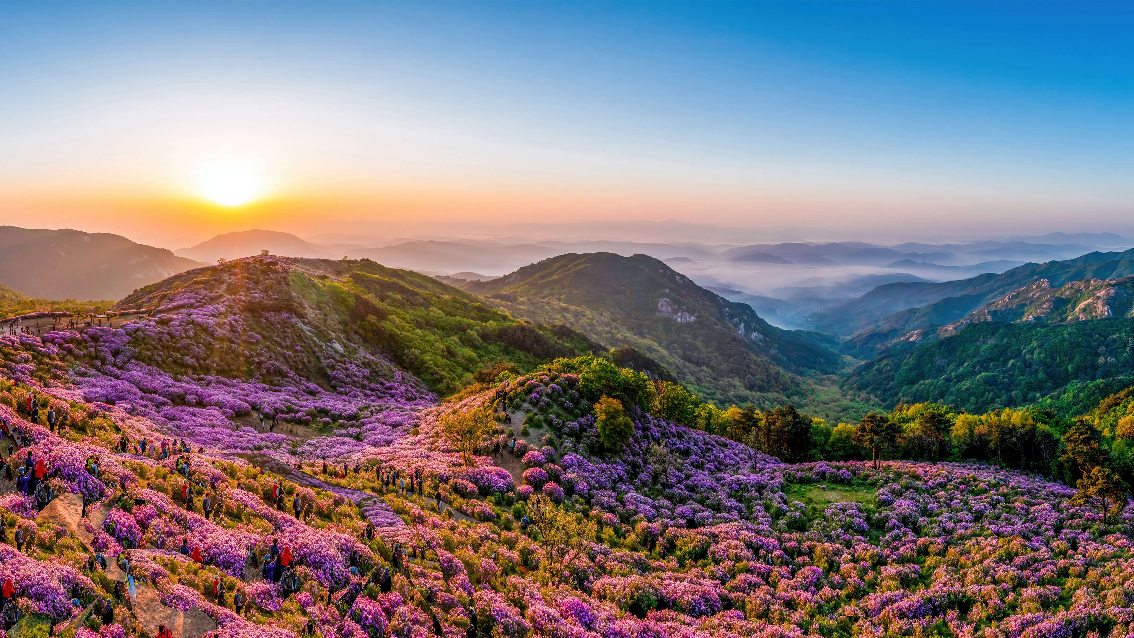 山、山谷和日落的景色