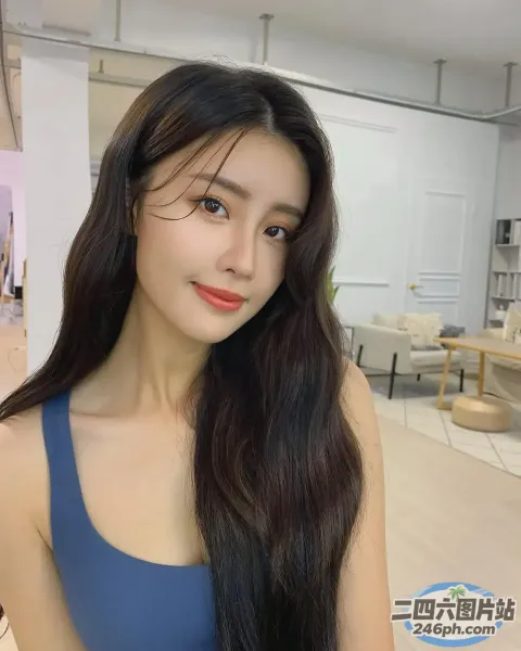 一位穿着蓝色连衣裙的长发女子的特写