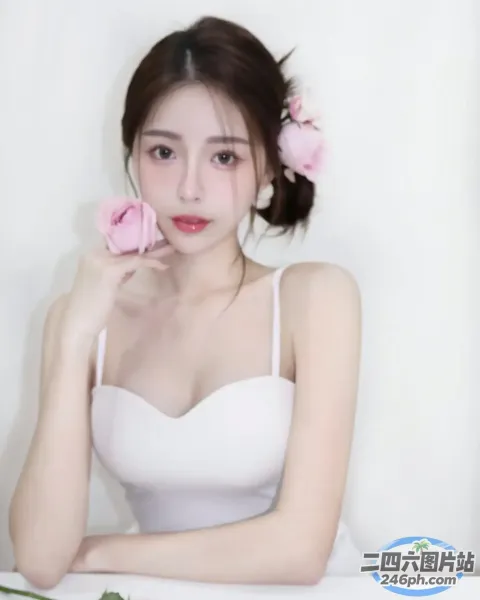 有个身穿白色连衣裙的女人，手里拿着一朵玫瑰