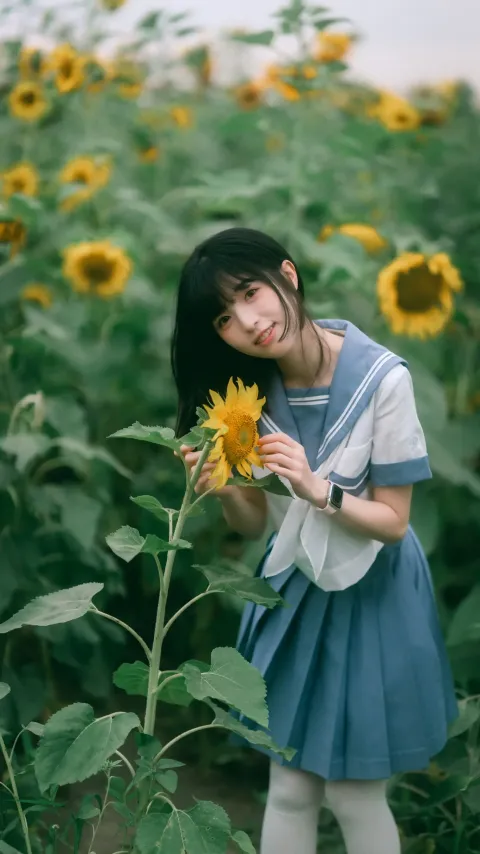 穿着蓝色连衣裙的 arafed 女孩在田野里拿着一朵向日葵