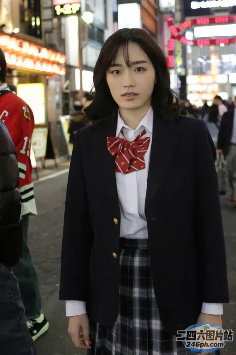 身穿校服的 arafed 亚裔女子站在拥挤的街道上