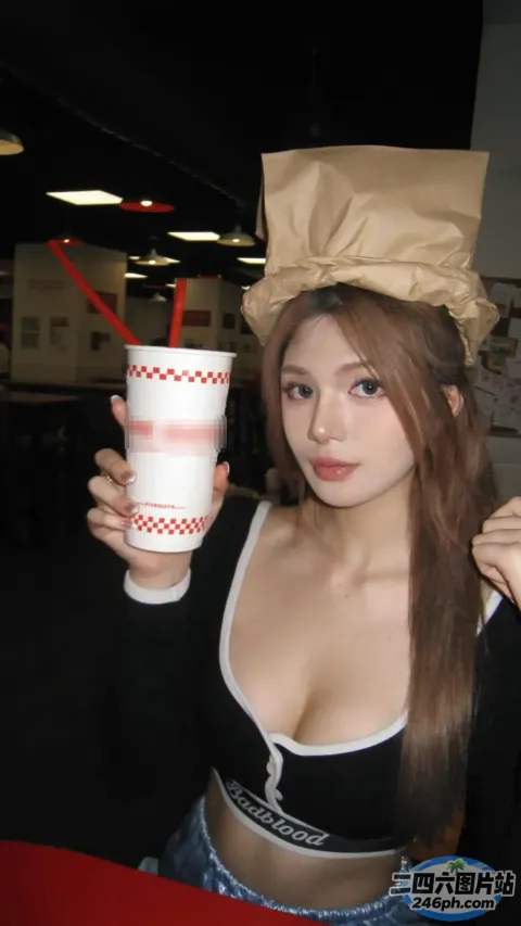 身穿黑色上衣的 araffe 女子，手里拿着一个纸袋和一杯饮料