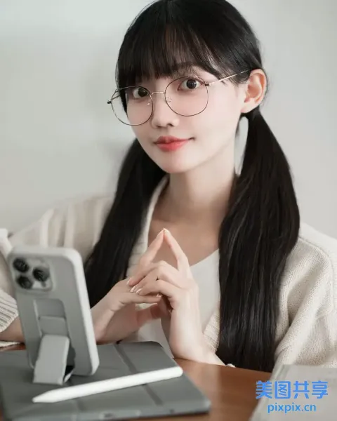 戴眼镜的阿拉夫德女人坐在桌子旁，手里拿着笔记本电脑