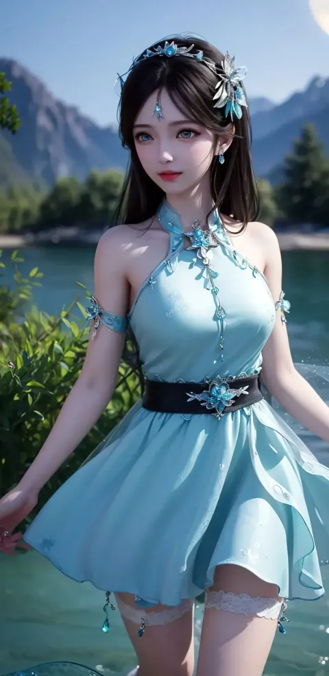 一个身穿蓝色连衣裙的女人站在水中的特写