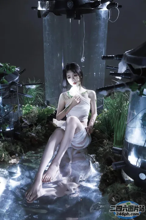 阿拉夫德女人坐在池塘里的马桶上，手里拿着一盏灯