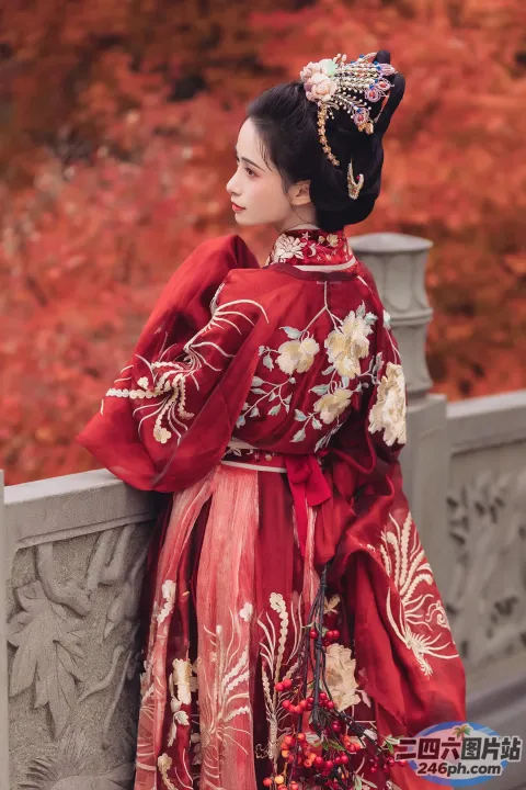 站在桥上的红裙子的 araffe 女人
