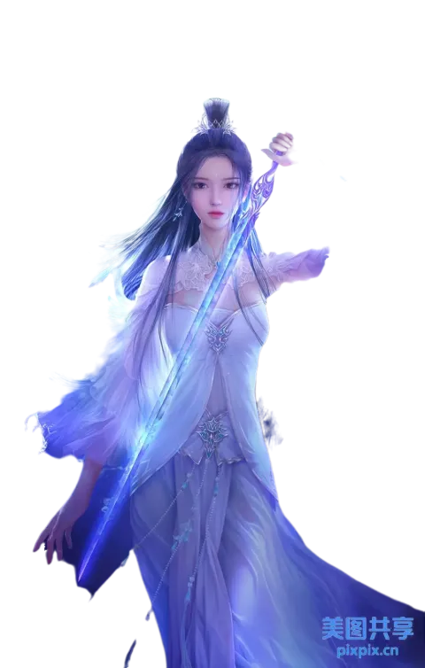 一个身穿白色连衣裙的女人拿着剑的特写