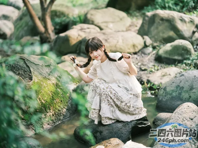 有个女人坐在溪流的一块石头上
