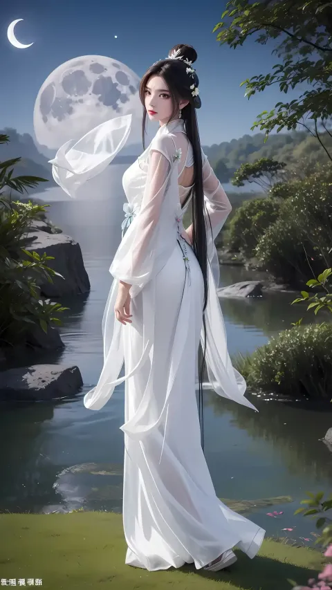 身穿白色连衣裙的阿拉夫女人站在湖边
