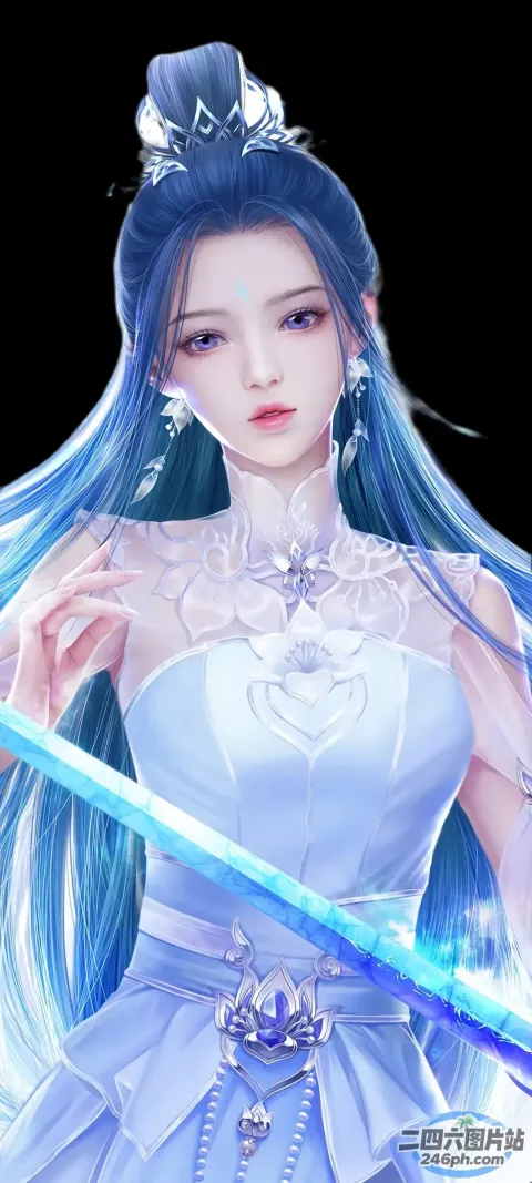 一个蓝长发女人拿着剑的特写