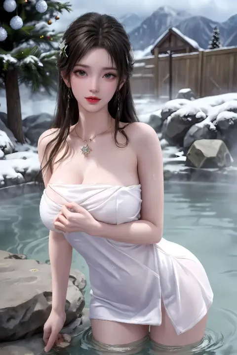 一个身穿白裙的女人站在温泉池里