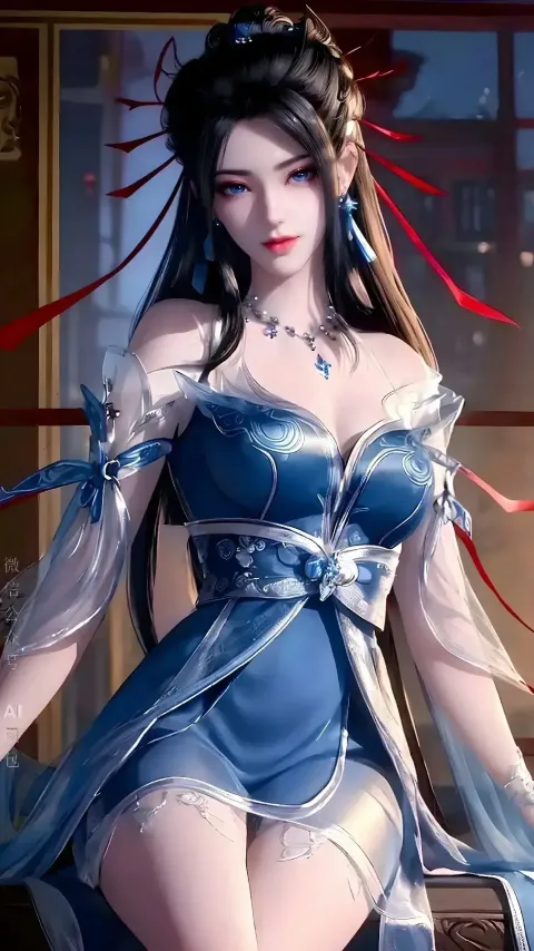 一个穿着蓝色连衣裙、系着红丝带的女人的特写