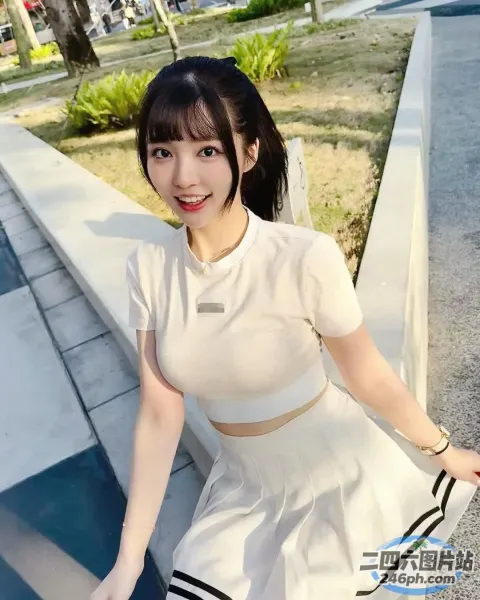 一位身穿白色连衣裙的女子摆姿势拍照的特写