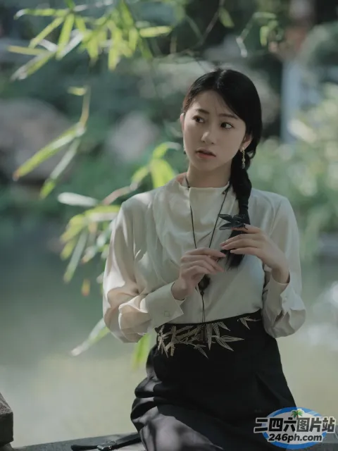 一名女子坐在水体旁的长凳上