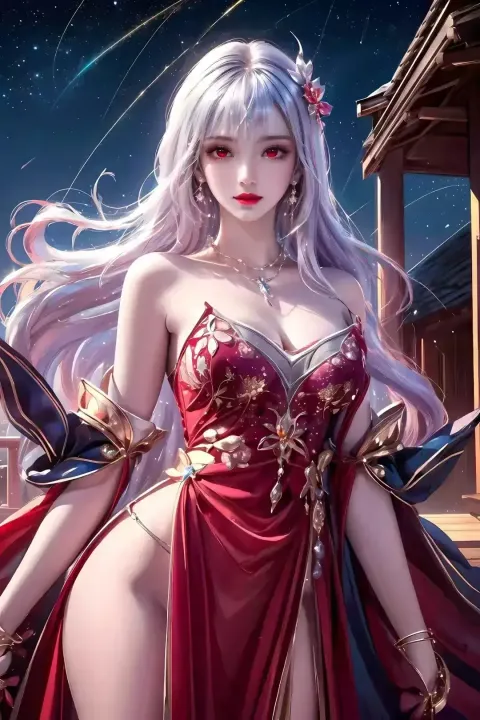 一个身穿红色连衣裙、手持剑和红色斗篷的女子