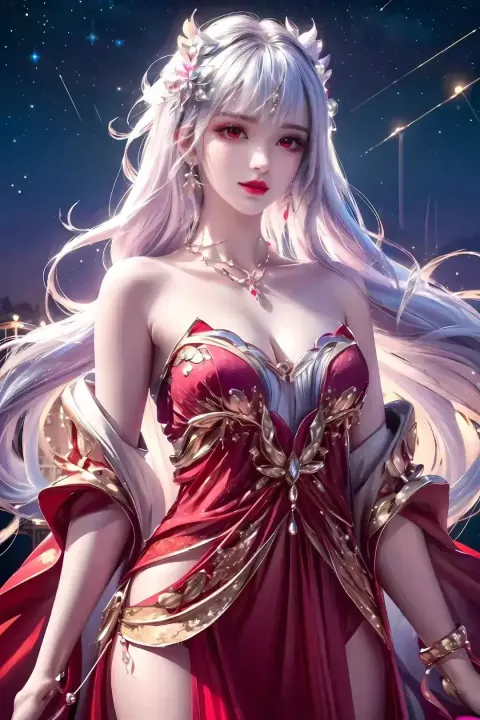 一个身穿红色连衣裙的女人，背景是一把剑和一颗星星